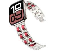 DEALELE Correas compatibles con Apple Watch de 49 mm, 46 mm, 45 mm, 44 mm, 42 mm, metal de acero con cadena de cuero, correa de repuesto para iWatch Series 10/9/8/7/6/5/4/3/SE/Ultra, rojo estrella