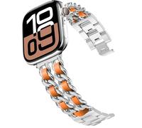 DEALELE Correas compatibles con Apple Watch de 49 mm, 46 mm, 45 mm, 44 mm, 42 mm, metal de acero con cadena de cuero, correa de repuesto para iWatch Series 10/9/8/7/6/5/4/3/SE/Ultra, color naranja