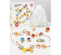 DealKits Montessori Juguetes de 2 años, 42 piezas de cuentas de madera, juego educativo de madera, perlas de madera para enhebrar, animales, verduras, vehículos, juguete de motricidad para niños a