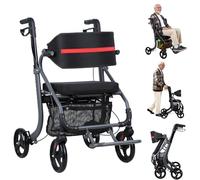 Deambulador rollator senior, andador de 4 ruedas plegable con asiento, ayuda a caminar adulto de aluminio ligero, rollator todo terreno ruedas 20 cm, altura ajustable, frenos, bolsa de almacenamiento