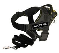 Dean and Tyler Bundle - One "DT Fun Works" Harness, Adopt Me, Yellow Trim, XXSmall (46cm-56cm) + One "Padded Puppy" Leash, 183cm Stainless Snap - Black