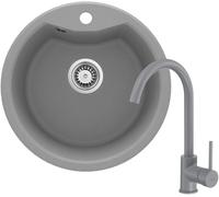 Deante Fiesta Solis zlewozmywak granitowy 48 cm z baterią kuchenną Milin szary ZRSBS803