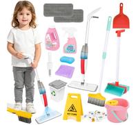deAO 16 Pcs Limpieza Juguetes Set, Mopa Fregona con Pulverizador para Niños | Spray Mop Mopas de Limpieza Suelos con 2 Paños, Escoba, Recogedor, Cubo Basura, Cepillo, Cubo, Juguetes del Hogar 3+ Años