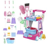 deAO 16 Piezas Limpieza Juguetes con Carrito de La Limpieza, Juego de Roles | Escoba, Cubo, Pulverizador, Jabón, Fregona, Paño, Cepillo, Recogedor, Juguetes del hogar para Niño Niña 3 4 5 6 Años