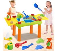 deAO 2 en 1 Mesa de Agua y Arena con Doble Compartimento,Juego de Agua Exterior con 10 Accesorios (Pala, Rastrillo, Animal molds, Barco),Juego de Arena y Agua para Patio,Jardín o Playa - Edad 3+