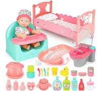 deAO 37Pcs Muñeco Bebé con Muñeca 30 cm, Set de Alimentación y Cuidado de Muñecas Incluye Cuna, Bidé, Artículos De Tocador, Etc, Todos Los Accesorios para Cuidar A Un Muñeco Bebé