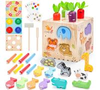 deAO 8 en 1 Juguetes Montessori para Niños, Cubo de Actividades de Madera Educativo con Juego de Pesca, Zanahorias y Animales, Juguetes Sensoriales para Bebés