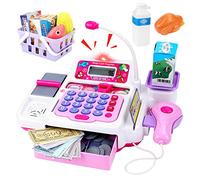 deAO Caja Registradora Juguetes con Escáner, Calculadora y Micrófono, Set Supermercado con Dinero de Juguete, Comida y Canasta, Juguete Educativo de Tienda para Niñas Niños