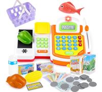 deAO Caja Registradora Juguetes con Escáner Electrónico y Calculadora, Juguete de Supermercado con Dinero, Comida y Canasta, Juego de rol Educativo Regalo para Niños Niñas 3 4 5 6 Años