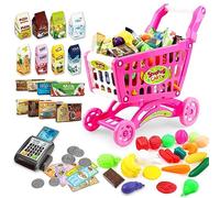 deAO Carrito de la Compra Infantil Incluye Variedad de 65 Productos de Mercado y Comestibles para Niños y Niñas (Rosa)
