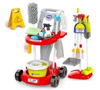deAO Carrito Limpieza Juguete con Aspiradora con Succión, Aspiradora Niños | Set de limpieza con Escoba, Cubo, Fregona, Trapo, Cepillo, Set Limpieza Juguetes de rol para del Hogar de 3+ Años, Rojo