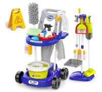 deAO Carrito Limpieza Juguete con Aspiradora con Succión, Aspiradora Niños | Set de limpieza con Escoba, Cubo, Fregona, Trapo, Cepillo, Set Limpieza Juguetes de rol para del Hogar de 3+ Años, Azul