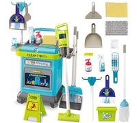 deAO Carrito Limpieza Juguete con Aspiradora con Succión, Trapo, Atomizador, Limpiador, Cepillo, Recogedor, Escoba, Cartel, Cubo, Fregona, Juguetes para el Hogar para Niños a Partir de 3 Años, Azul