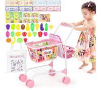 deAO Carro de Compras para Niños de 3 años, Carro de Supermercado Infantil | con 47 Piezas Comida Juguete, Bolsa de la Compra, De Metal, Cesta extraíble, 55x30x51CM, Juegos de rol Cocina, Regalos, Rosa