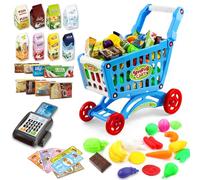 deAO Carro de La Compra para Niños, Carro de Compras de Juguete con 48 PCS Alimentos Frutas Verduras, Juegos de rol, Juguete de Cocina Tienda Playset, Juguete Educativo para Niños y Niñas 3+ (Azul)