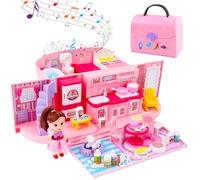 deAO Casa de Muñecas Portátil: Casa de Muñecas con Diseño de Bolso para Niñas a Partir de 3 Años, Juguete Plegable para Viajar con luz y Música, Incluye Muñeca, Perro y Muebles, Regalo (Rosa)