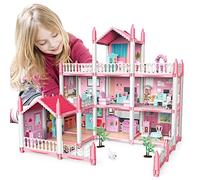 deAO Casa de Muñecas Villa para Niñas, 3 Pisos Casa de Muñecas de Ensueño con Muebles y Toboganes, Escaleras, Vallas, Perro Muñeco, Princess Castle Playset, Regalo para Niñas de 3-8 Años (Rosa)
