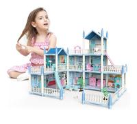 deAO Casa de Muñecas Villa para Niñas, 3 Pisos Casa de Muñecas de Ensueño con Muebles y Toboganes, Escaleras, Vallas, Perro Muñeco, Princess Castle Playset, Regalo para Niñas de 3-8 Años (Azul)