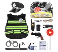 deAO Disfraz de Policía para Niños con Equipo de Policía, Sombrero, Chaleco, Gafas de Sol, Walkie Talkie, Juego de rol para Halloween