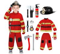 deAO Juego de Disfraz de Bombero para Niños, Ropa de Bombero para Niños, Juego de Juego de Rol con Extintor Juguete Chaqueta Casco, Cosplay para niños niñas Carnaval Halloween (Rojo-2T)