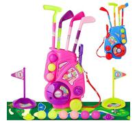 deAO Juego de Golf para Niños con Carrito Almacenamiento, 18 Pcs Golf Set, 4 Palos, 6 Pelotas, 2 Hoyos, Alfombrilla Putting - Juguetes Deportivos Interior Exterior Regalo Niñas Niños 3-6 Años (Rosa)