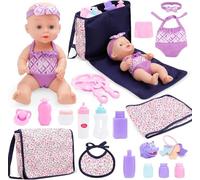 deAO Juego de Muñecas Bebé, 28CM Recién Nacido Muñeco Juguete, 22 Piezas Alimentación y Cuidado de Muñecas Bebé con Bolsa de Almacenamiento, Biberones, Vajilla, Accesorios de Baño para Niños de 3 Años