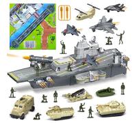 deAO Maqueta de Portaaviones con 10 Soldados, Vehículo y Avión, Buque de Batalla Militar, Juguete Militar Regalos para Niños y Niñas
