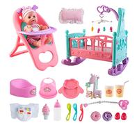 deAO Mi Primera Muñeca Bebé Conjunto, 21 Piezas Set de Accesorios para Muñecas Bebé con Muñeca de 29cm con Pijama, Cuna, Trona, Sonajero, Orinal y Alimentación Accesorios, Juego de rol Educativo
