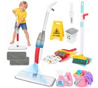deAO Mopa Fregona con Pulverizador para Niños, 16 Pcs Limpieza Juguetes Set | Spray Mop Mopas de Limpieza Suelos con 2 Paños, Escoba, Recogedor, Cubo Basura, Cepillo, Cubo, Juguetes del Hogar 3+ Años