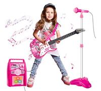 deAO Set de Amplificador de Guitarra y micrófono para niños, micrófono con Soporte Ajustable, con 6 Canciones de demostración Juguete Musical con Luces y Karaoke, Regalo de cumpleaños para niñas
