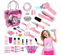 deAO Set De Juegos De 35 Piezas De Salón De Belleza para Niñas, Juego De Simulación De Peluquería con Secador De Pelo, Espejo, Rizador Y Otros Accesorios. Kit De Maquillaje Simulado para Niños