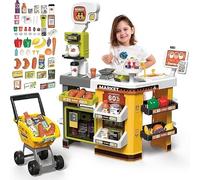 deAO Supermercado Juguete, 65PCS Caja Registradora con Carrito Compra | Con Scanner y Lector Tarjeta, Tienda Infantil Incluido Accesorios Fruta, Jugar Comida etc., para Niños a Partir de 3 años