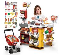 deAO Supermercado Juguete, Tienda Infantil con Carrito Compra | Caja Registradora con Scanner y Lector de Tarjeta, 65PCS Accesorios Fruta Jugar Dineroetc Regalo para Niños de 3+ Años
