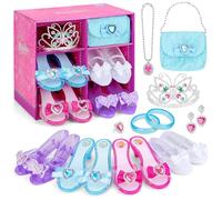 deAO Zapatos de Vestir de Princesa, Juguetes de Princesa con 4 Pares de Zapatos de Juego, 1 Bolso y Accesorios de joyería para niñas de 3, 4, 5, 6 años, Pulseras, Collares, aretes y Tiara de Corona,