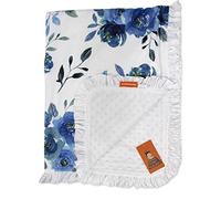 Dear Baby Gear Manta de bebé de lujo, doble capa, Minky, rosas de acuarela azul sobre blanco, lunares blancos de visón, volantes blancos, 107 x 83 cm