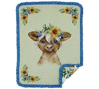 Dear Baby Gear Manta de bebé de lujo, doble capa, visky, becerro con girasoles, volantes azules, 107 x 83 cm