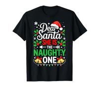 Dear Santa She Is The Naughty One Camisa de Navidad para Parejas Camiseta