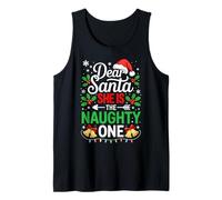 Dear Santa She Is The Naughty One Camisa de Navidad para Parejas Camiseta sin Mangas