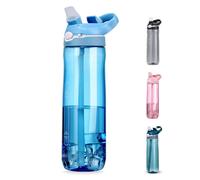 DEARART 750ml botellas de agua azul claro con paja, 100% a prueba de fugas bocilla oculta, tapa de vuelta tiene manija botella ancha fácil limpieza, traje oficina deportes escuela viaje gimnasio casa.