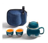 DEARART Hermoso Juego Portátil de Tazas de Té, 10.8 Onzas y 2 Tazas, Boca Ancha Fácil de Limpiar, Mantiene el Té Caliente, Bolsa para Hojas Sueltas, Lindo Gato, Verde, DATMG01P