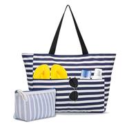 DEARBAG Bolso de Playa Tipo Tote con Gran Capacidad, Bolsa de Playa Bolsa de Mano en Tela Oxford Impermeable, Bolsa de Playa para Mujer Elegantes Rayas Azul Marino, para Playa Viajes Piscina Gimnasio