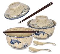 DEARBAG Juego de 2 Cuenco de Ramen, Tazones Ramen de Cerámica de 800 ml con Tapa Palillos y Cucharas, Ramens Bowl de Cerámica, para Udon, Soba, Fideos, Ensaladas y Sopas (A)