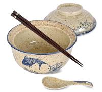 DEARBAG Juego de Cuenco de Ramen, Tazones Ramen de Cerámica de 800 ml con Tapa Palillos y Cucharas, Ramens Bowl de Cerámica, para Udon, Soba, Fideos, Ensaladas y Sopas (Pescado, 1PCS)