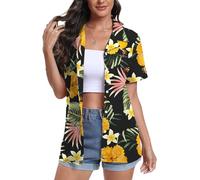 DEARCASE Camisas Hawaianas para Mujer de Manga Corta con Cuello en V Estampado Floral Trópico Suave Camiseta de Playa de Verano, 2X-Large Yellow Flower Black