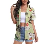 DEARCASE Camisas Hawaianas para Mujer de Manga Corta con Cuello en V Estampado Floral Trópico Suave Camiseta de Playa de Verano, X-Large Pink Flower Green