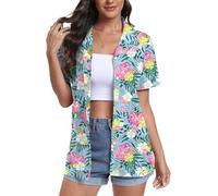 DEARCASE Camisas Hawaianas para Mujer de Manga Corta con Cuello en V Estampado Floral Trópico Suave Camiseta de Playa de Verano, Large White Pink Flower