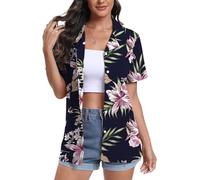 DEARCASE Camisas Hawaianas para Mujer de Manga Corta con Cuello en V Estampado Floral Trópico Suave Camiseta de Playa de Verano, X-Large Purple Flower Navy