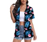 DEARCASE Camisas Hawaianas para Mujer de Manga Corta con Cuello en V Estampado Floral Trópico Suave Camiseta de Playa de Verano, Large Green Leaf Black
