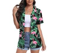 DEARCASE Camisas Hawaianas para Mujer de Manga Corta con Cuello en V Estampado Floral Trópico Suave Camiseta de Playa de Verano, Large Bird Black