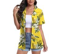 DEARCASE Camisas Hawaianas para Mujer de Manga Corta con Cuello en V Estampado Floral Trópico Suave Camiseta de Playa de Verano, 2X-Large White Flower Yellow